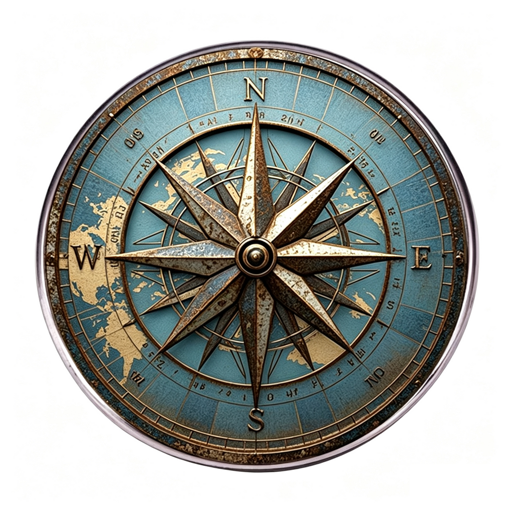 Vintage Nautical Compass Rose Brooch Pin, Antique Style, Blue and Gold, 1.2 Inch Round