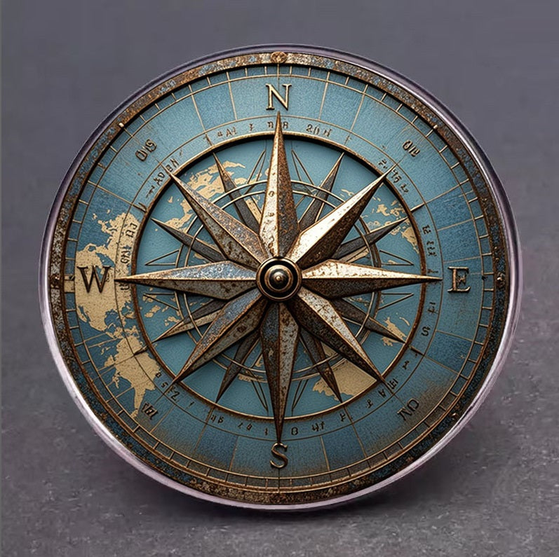 Vintage Nautical Compass Rose Brooch Pin, Antique Style, Blue and Gold, 1.2 Inch Round