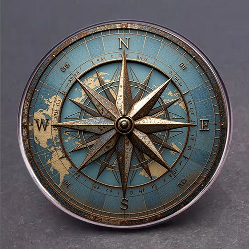 Vintage Nautical Compass Rose Brooch Pin, Antique Style, Blue and Gold, 1.2 Inch Round